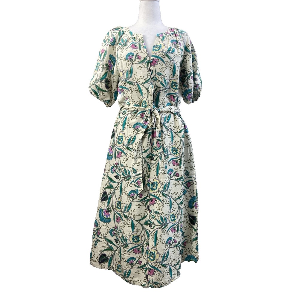 Loft Dress Womens Small Beige Flowers Linen Blend Casual Cottagecore Summer Boho